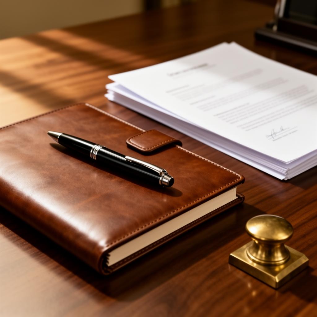 Leather notebook and contract documents on an executive desk