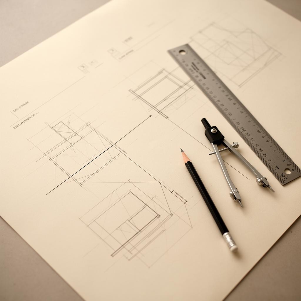 Architectural blueprint with drafting compass and ruler